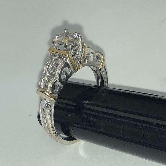 Solid 14K White Yellow Gold Natural Diamond Antique Engagement Ring - Picture 10 of 17
